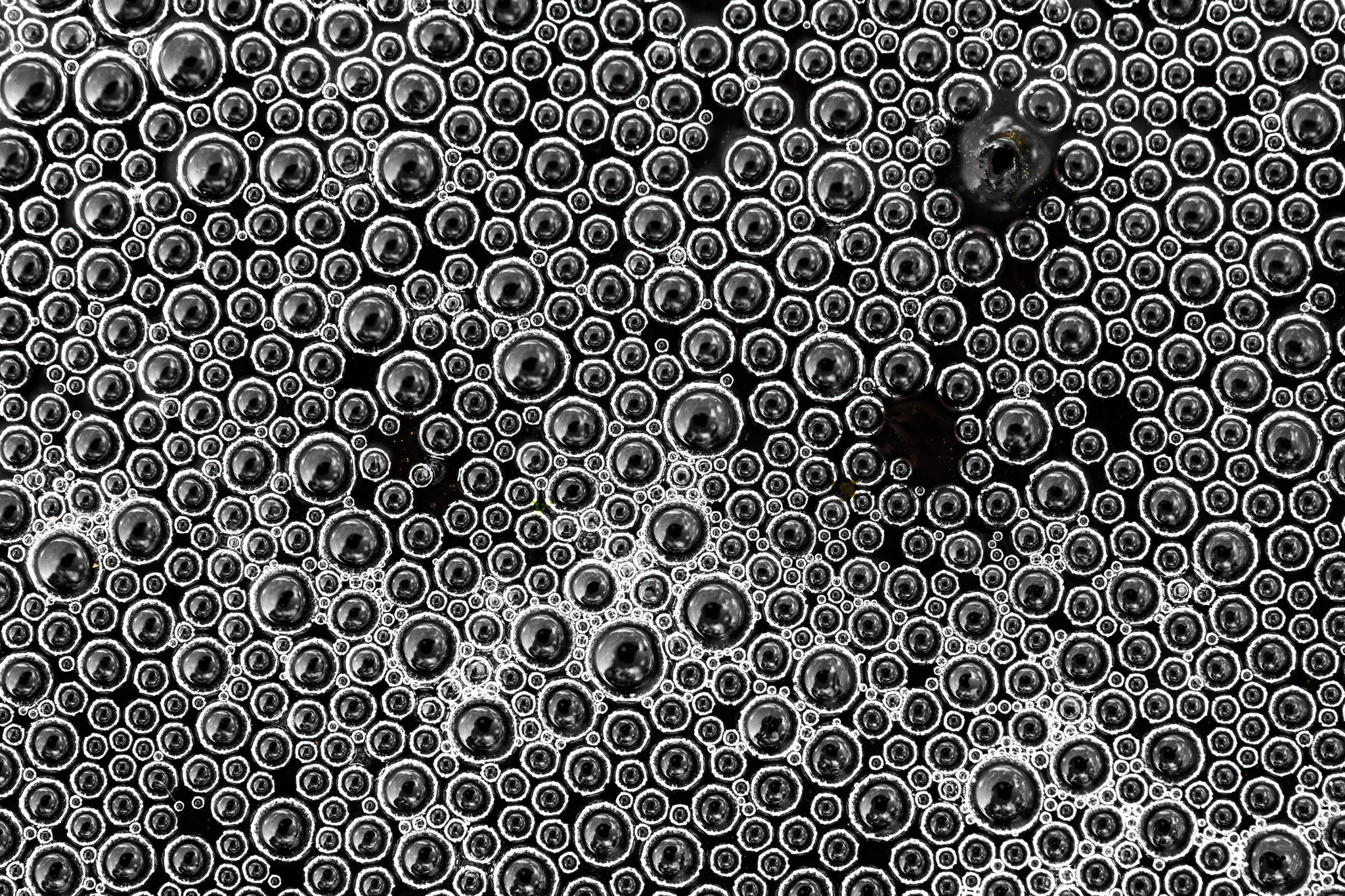 A dense pattern of bright-edged circles and dark spaces.